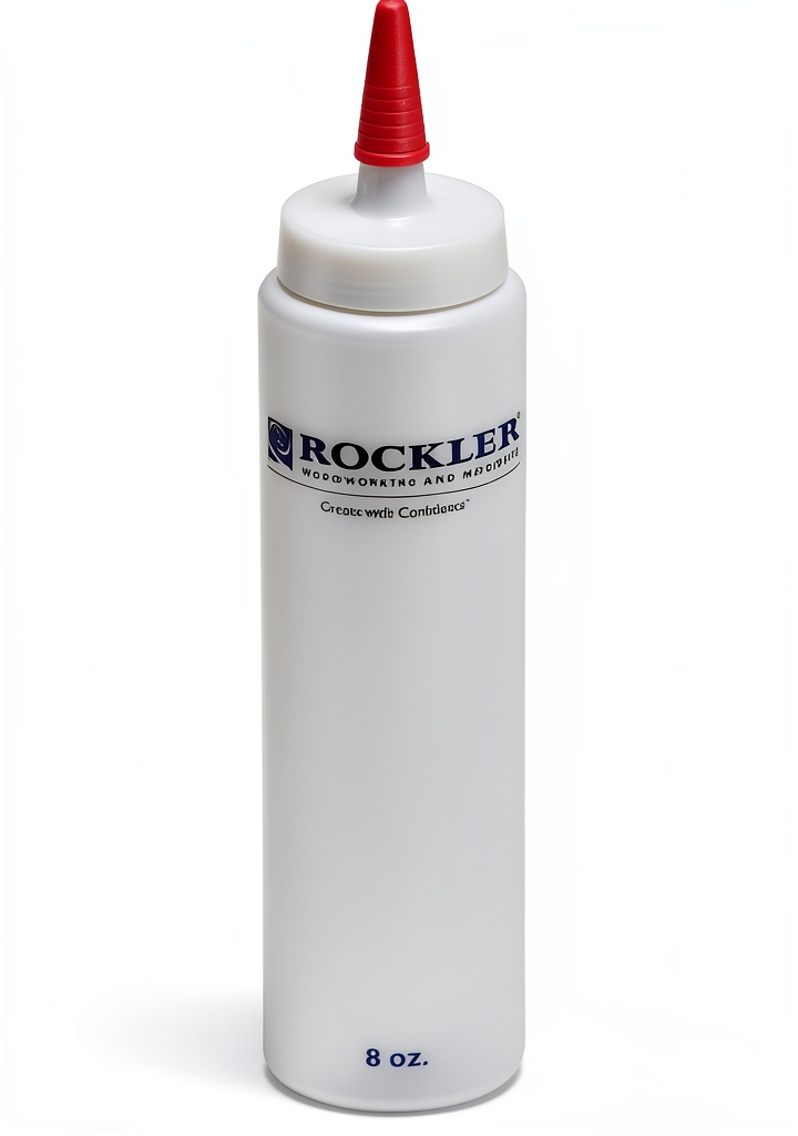 Rockler wood glue bottle being used on a wooden tabletop