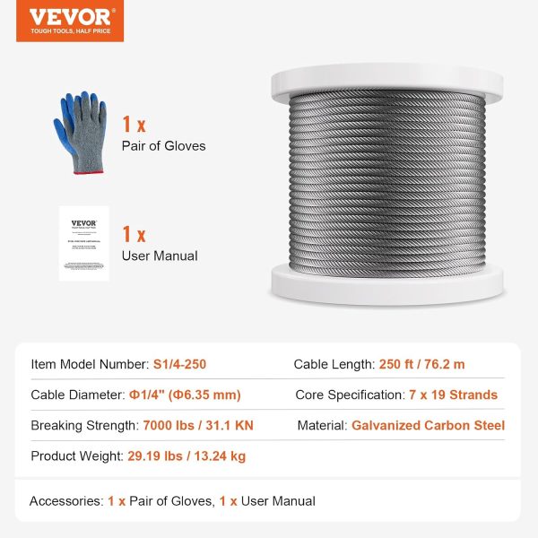 VEVOR Wire Rope, 1/4" 250 ft Zinc Galvanized Carbon Steel Cable with Gloves, 7000 lbs Breaking Strength, 7 x 19 Strands Construction Marine Aircraft Grade for Handrail Stair Decking Fence Outdoors-6