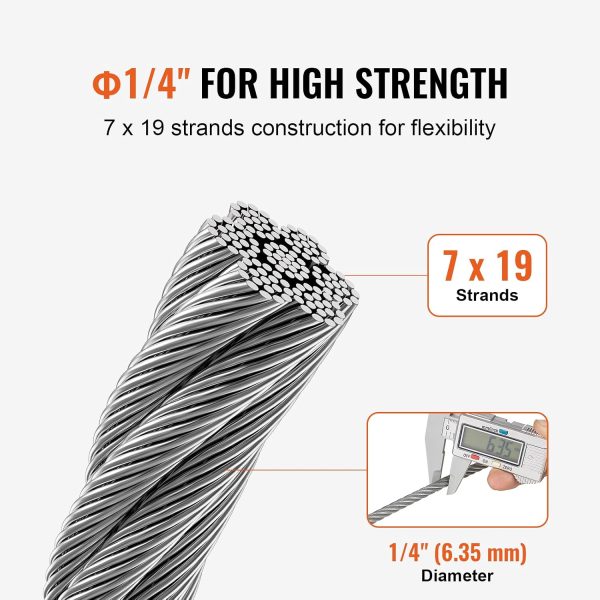 VEVOR Wire Rope, 1/4" 250 ft Zinc Galvanized Carbon Steel Cable with Gloves, 7000 lbs Breaking Strength, 7 x 19 Strands Construction Marine Aircraft Grade for Handrail Stair Decking Fence Outdoors-2