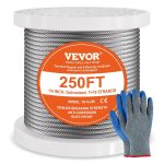VEVOR Wire Rope, 1/4" 250 ft Zinc Galvanized Carbon Steel Cable with Gloves, 7000 lbs Breaking Strength, 7 x 19 Strands Construction Marine Aircraft Grade for Handrail Stair Decking Fence Outdoors-0