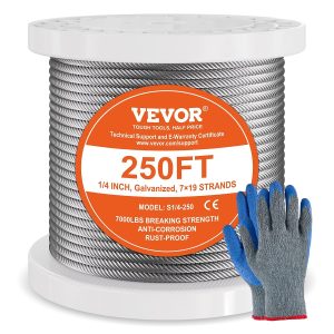 VEVOR Wire Rope, 1/4" 250 ft Zinc Galvanized Carbon Steel Cable with Gloves, 7000 lbs Breaking Strength, 7 x 19 Strands Construction Marine Aircraft Grade for Handrail Stair Decking Fence Outdoors-0