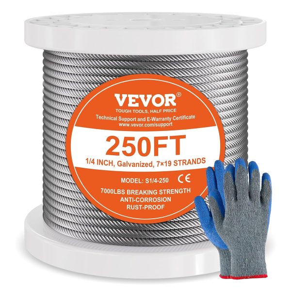 VEVOR Wire Rope, 1/4" 250 ft Zinc Galvanized Carbon Steel Cable with Gloves, 7000 lbs Breaking Strength, 7 x 19 Strands Construction Marine Aircraft Grade for Handrail Stair Decking Fence Outdoors-0